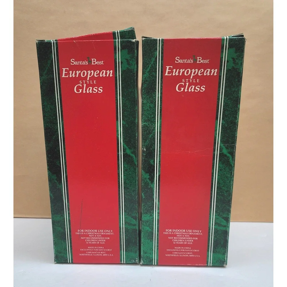 Vintage 1995 Santa's Best European Style Glass Ornaments Red Green Set of 2